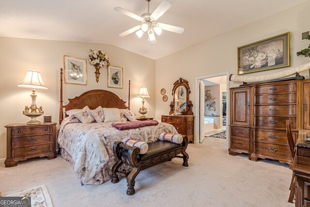 bedroom with lofted ceiling, ceiling fan, and light carpet