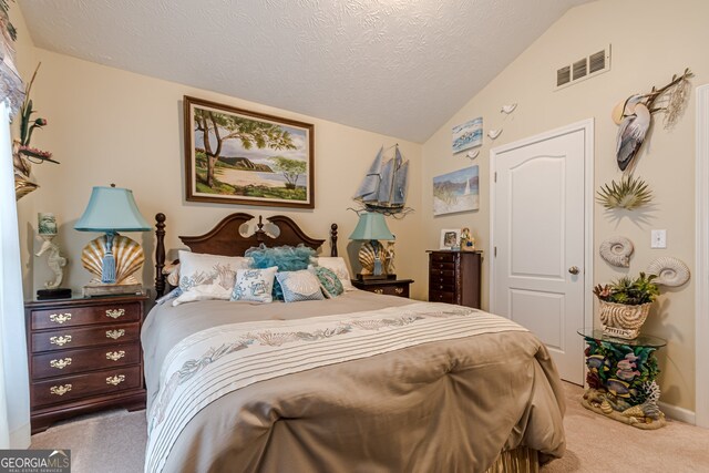 bedroom with lofted ceiling, a textured ceiling, and carpet floors