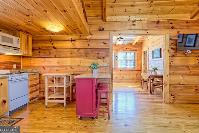 kitchen with ceiling fan, white appliances, wood ceiling, and light hardwood / wood-style floors