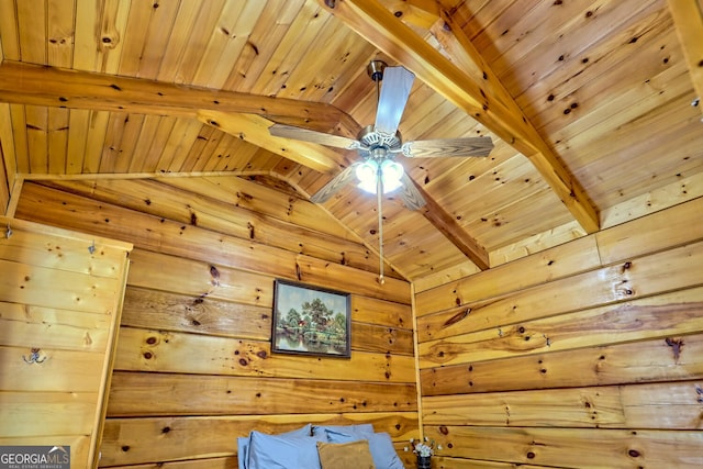 room details with wood walls, beamed ceiling, and wood ceiling