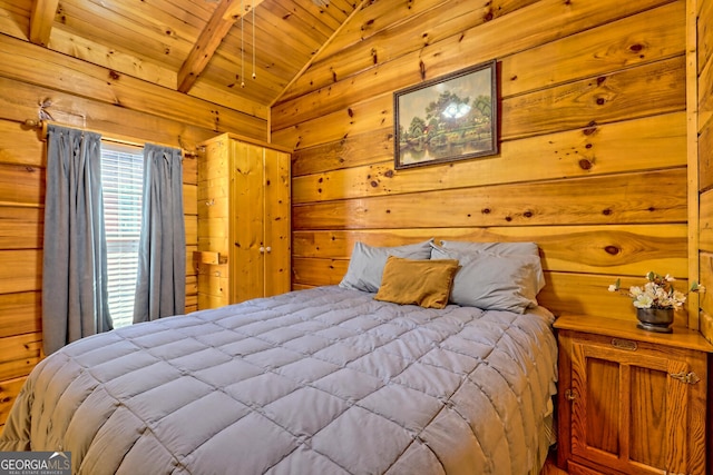 bedroom with lofted ceiling with beams, wood walls, and wooden ceiling