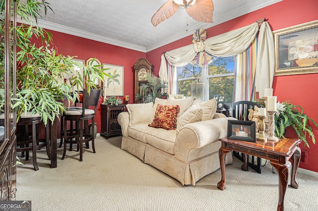 interior space featuring ceiling fan, a textured ceiling, and crown molding