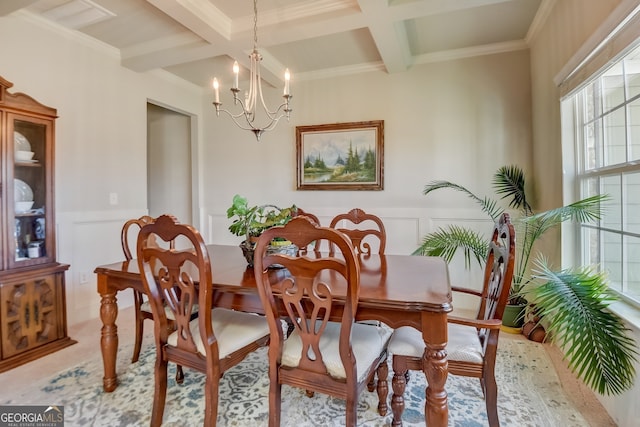 dining area with coffered ceiling, a notable chandelier, and beam ceiling