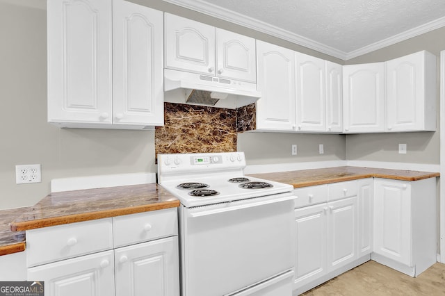 kitchen featuring white range with electric cooktop, white cabinets, a textured ceiling, light tile patterned floors, and ornamental molding