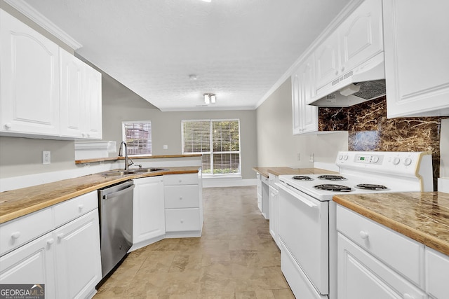 kitchen featuring white range with electric cooktop, dishwasher, sink, white cabinetry, and range hood