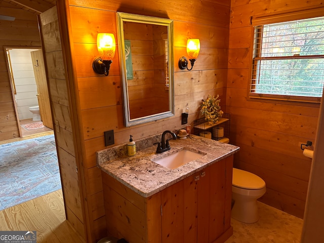 bathroom with wooden walls, vanity, and toilet