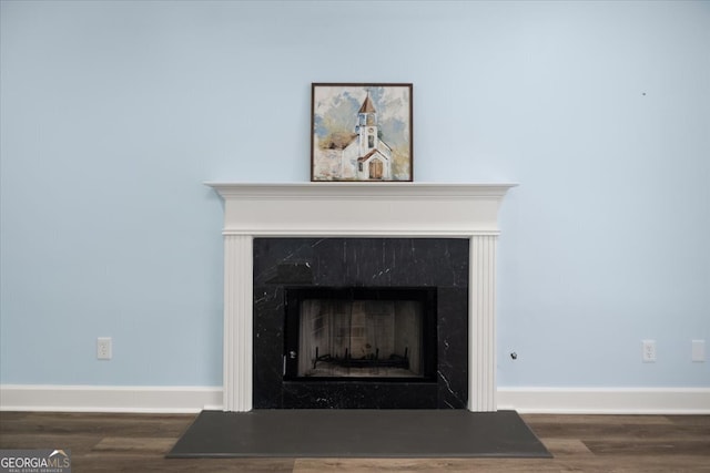 interior details featuring hardwood / wood-style flooring and a fireplace