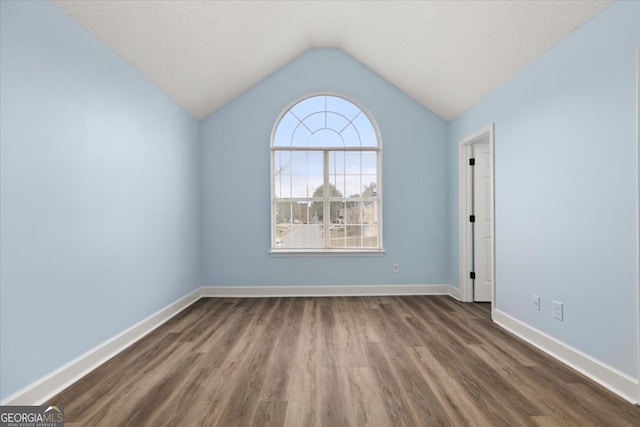 empty room featuring lofted ceiling, a textured ceiling, and dark hardwood / wood-style floors