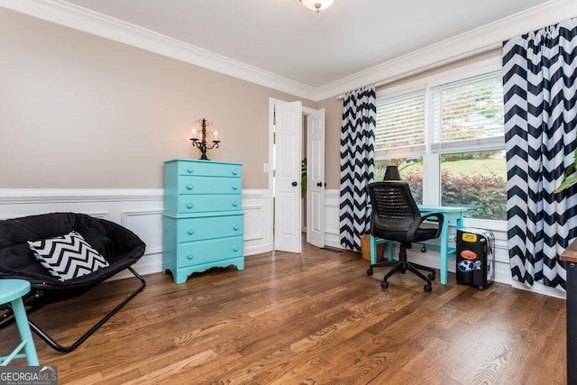 office space featuring dark hardwood / wood-style flooring and ornamental molding