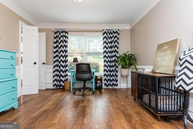 office area featuring dark hardwood / wood-style flooring and crown molding