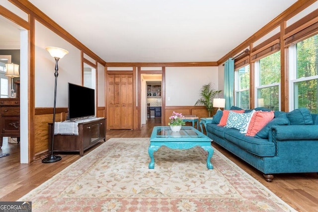 living room with crown molding and light hardwood / wood-style flooring