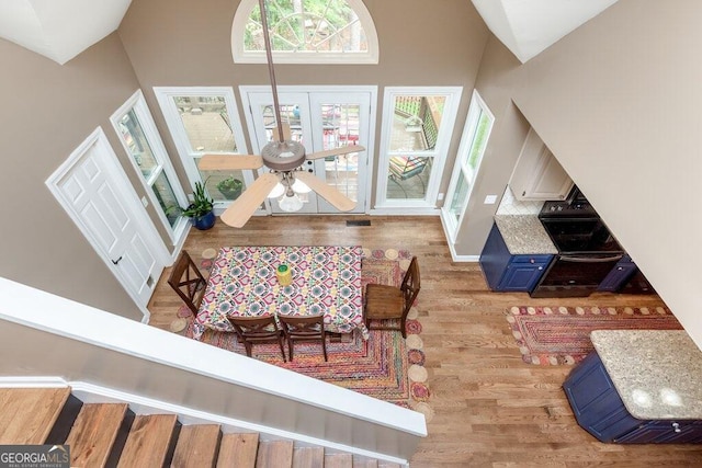 interior space featuring high vaulted ceiling, light hardwood / wood-style flooring, and ceiling fan