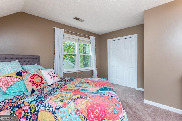 carpeted bedroom with a closet, lofted ceiling, and a textured ceiling