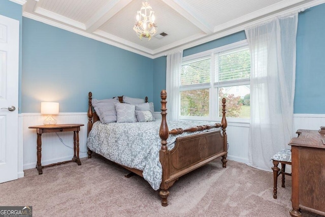 carpeted bedroom featuring ornamental molding, wood walls, a chandelier, and beam ceiling