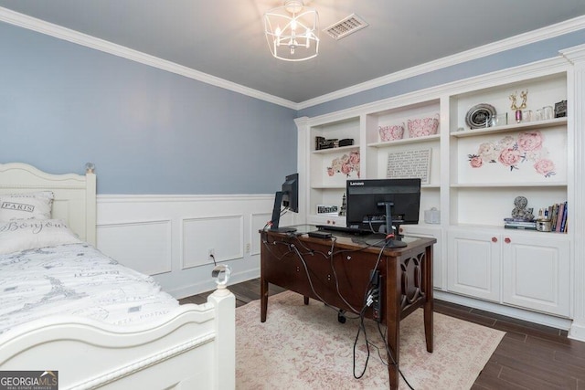 home office featuring dark hardwood / wood-style flooring, an inviting chandelier, and crown molding