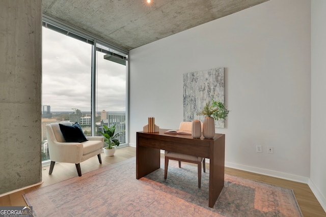 office with hardwood / wood-style floors, a healthy amount of sunlight, and expansive windows