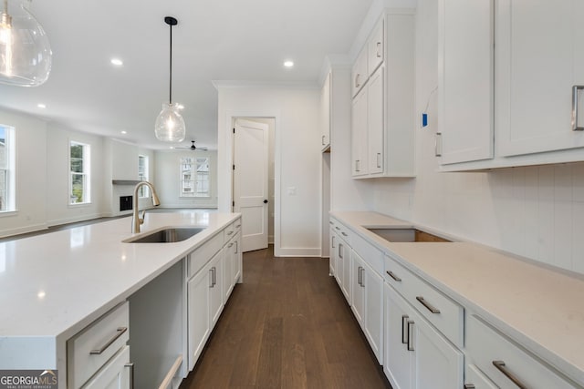 kitchen with dark hardwood / wood-style flooring, pendant lighting, sink, and white cabinets