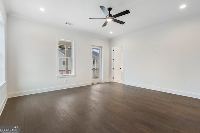 unfurnished room with dark hardwood / wood-style floors, crown molding, and ceiling fan