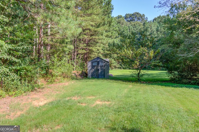 view of yard with a storage shed