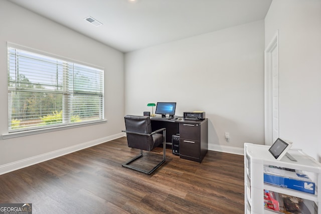 office area with dark wood-type flooring