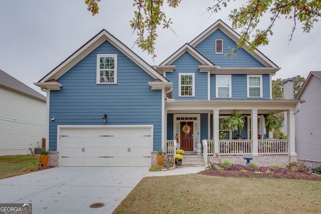 craftsman-style house with a garage, a porch, central AC unit, and a front lawn