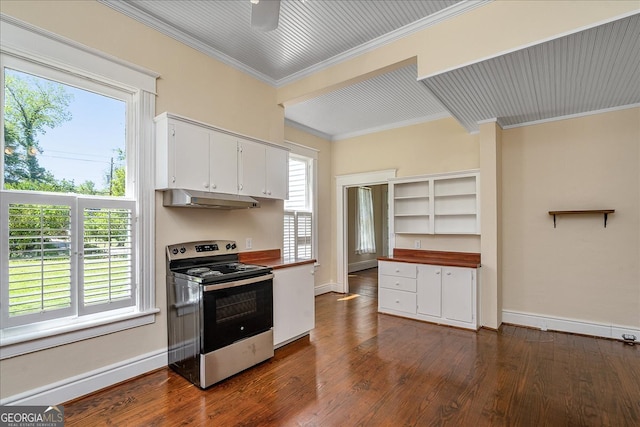 kitchen featuring crown molding, butcher block counters, dark hardwood / wood-style flooring, stainless steel electric range oven, and white cabinets