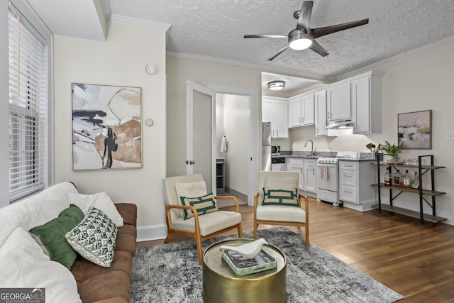 living room with ornamental molding, a textured ceiling, dark hardwood / wood-style flooring, sink, and ceiling fan