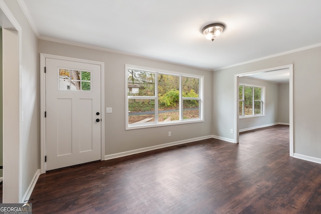 foyer featuring dark wood-type flooring and crown molding