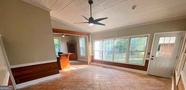 interior space with lofted ceiling, wood ceiling, and ceiling fan