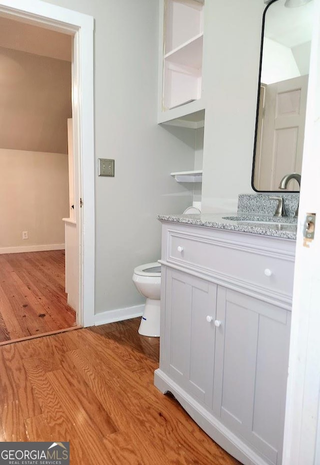 bathroom featuring vanity, hardwood / wood-style flooring, and toilet