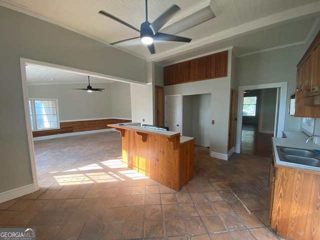 kitchen with kitchen peninsula, sink, a kitchen breakfast bar, high vaulted ceiling, and crown molding