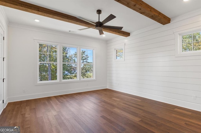 empty room featuring beamed ceiling, ceiling fan, crown molding, dark wood-type flooring, and wooden walls