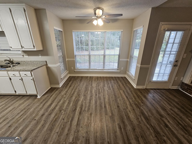 unfurnished dining area with dark wood-style floors, a textured ceiling, baseboards, and a sink