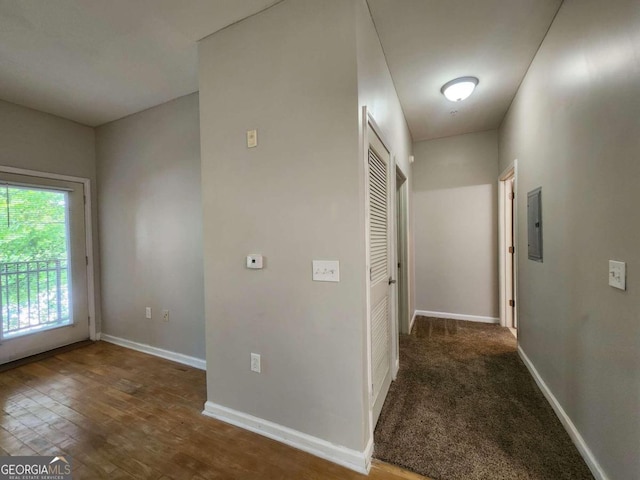 corridor featuring electric panel and dark hardwood / wood-style floors