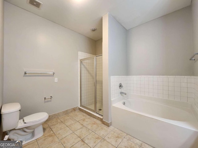 bathroom with toilet, independent shower and bath, and tile patterned floors