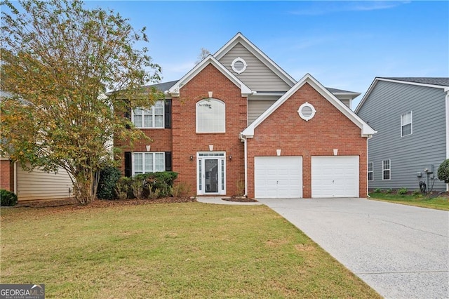 view of front facade with concrete driveway, brick siding, a garage, and a front yard