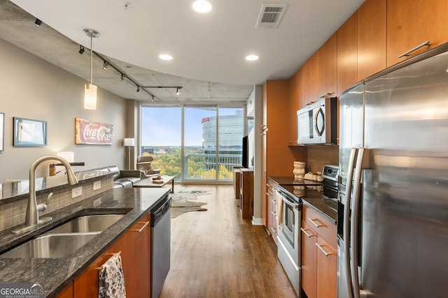 kitchen featuring sink, rail lighting, stainless steel appliances, dark hardwood / wood-style flooring, and decorative light fixtures