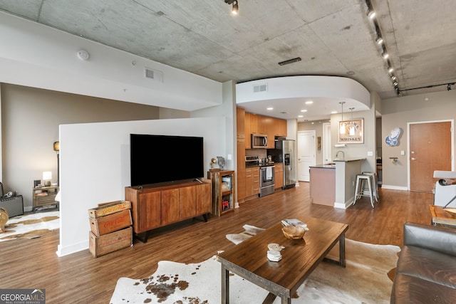 living room featuring rail lighting, hardwood / wood-style flooring, and sink