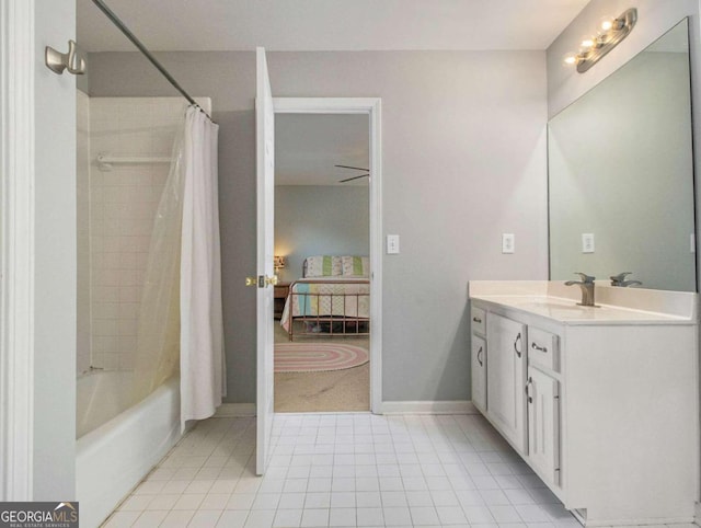 bathroom with vanity, tile patterned floors, and shower / bath combination with curtain