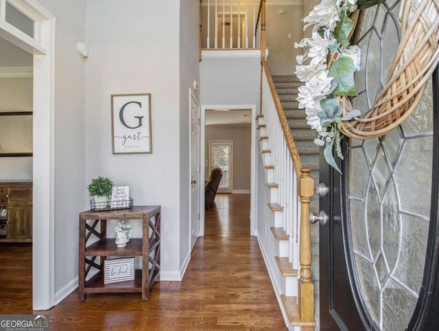 entryway featuring ornamental molding and dark wood-type flooring