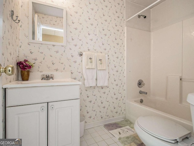 full bathroom featuring vanity, tile patterned flooring, shower / washtub combination, and toilet