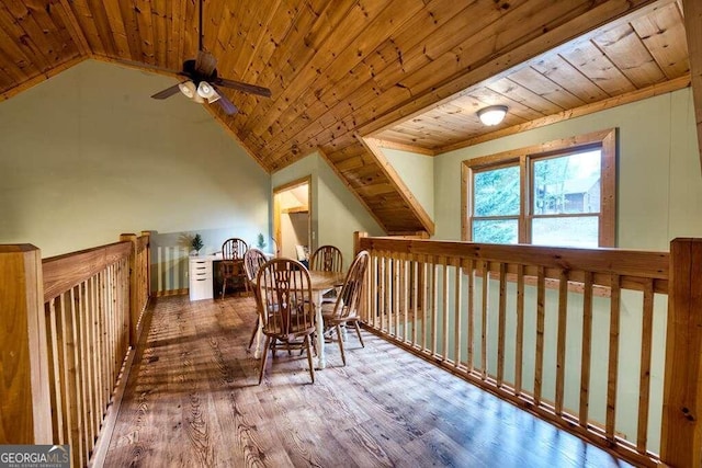 additional living space with hardwood / wood-style floors, ceiling fan, vaulted ceiling, and wood ceiling