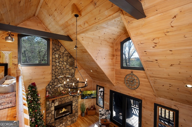 living room featuring wood-type flooring, lofted ceiling with beams, wooden ceiling, and wooden walls