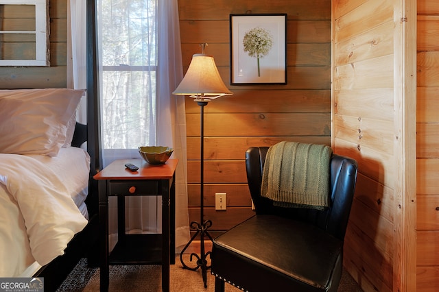 living area featuring wood walls and carpet floors