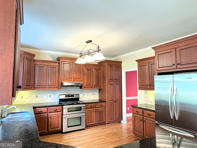 kitchen featuring sink, hanging light fixtures, light wood-type flooring, ornamental molding, and stainless steel appliances