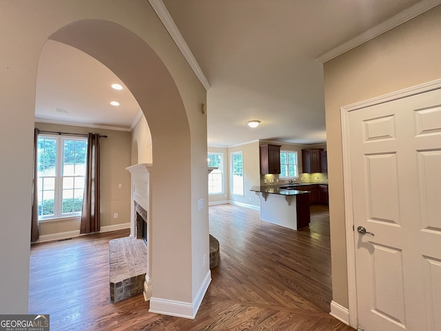 hallway with dark hardwood / wood-style flooring and ornamental molding