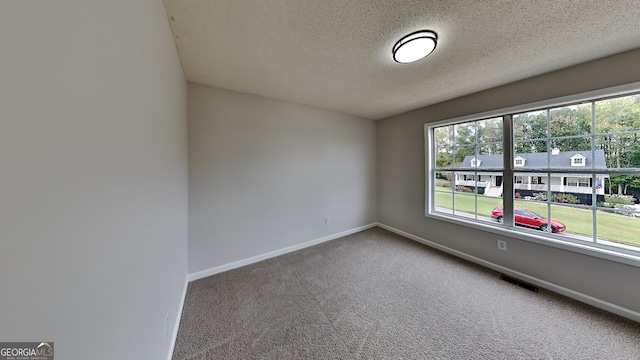 carpeted empty room with a textured ceiling