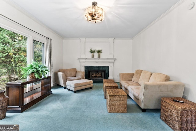 carpeted living room with a tiled fireplace and ornamental molding