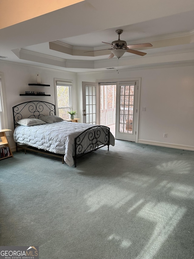 bedroom featuring multiple windows, ornamental molding, a tray ceiling, and access to exterior