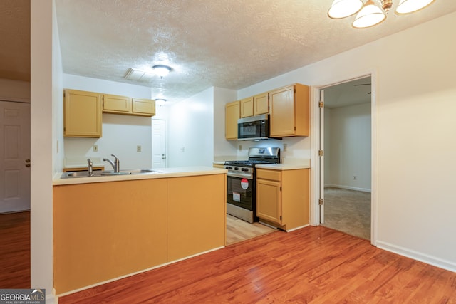 1121 Whisper Wind Dr, Mcdonough, GA 30253 - kitchen with stainless steel appliances, light wood-style floors, a textured ceiling, a peninsula, and light countertops